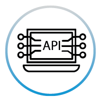 Integration icon. Computer with API written and connection lines for MES solutions.