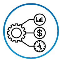 Uptime icon. Gear with three lines leading to chart dollars and clock for MES solutions.